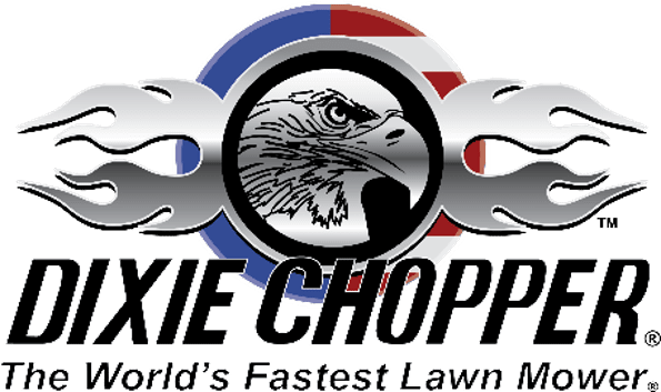 A silver eagle inside a black circle with flames coming from each side. Behind is a circle that has the left half coloured blue and the right half coloured red. The name Dixie Chopper and the tagline The World's Fastest Lawn Mower is underneath in black.