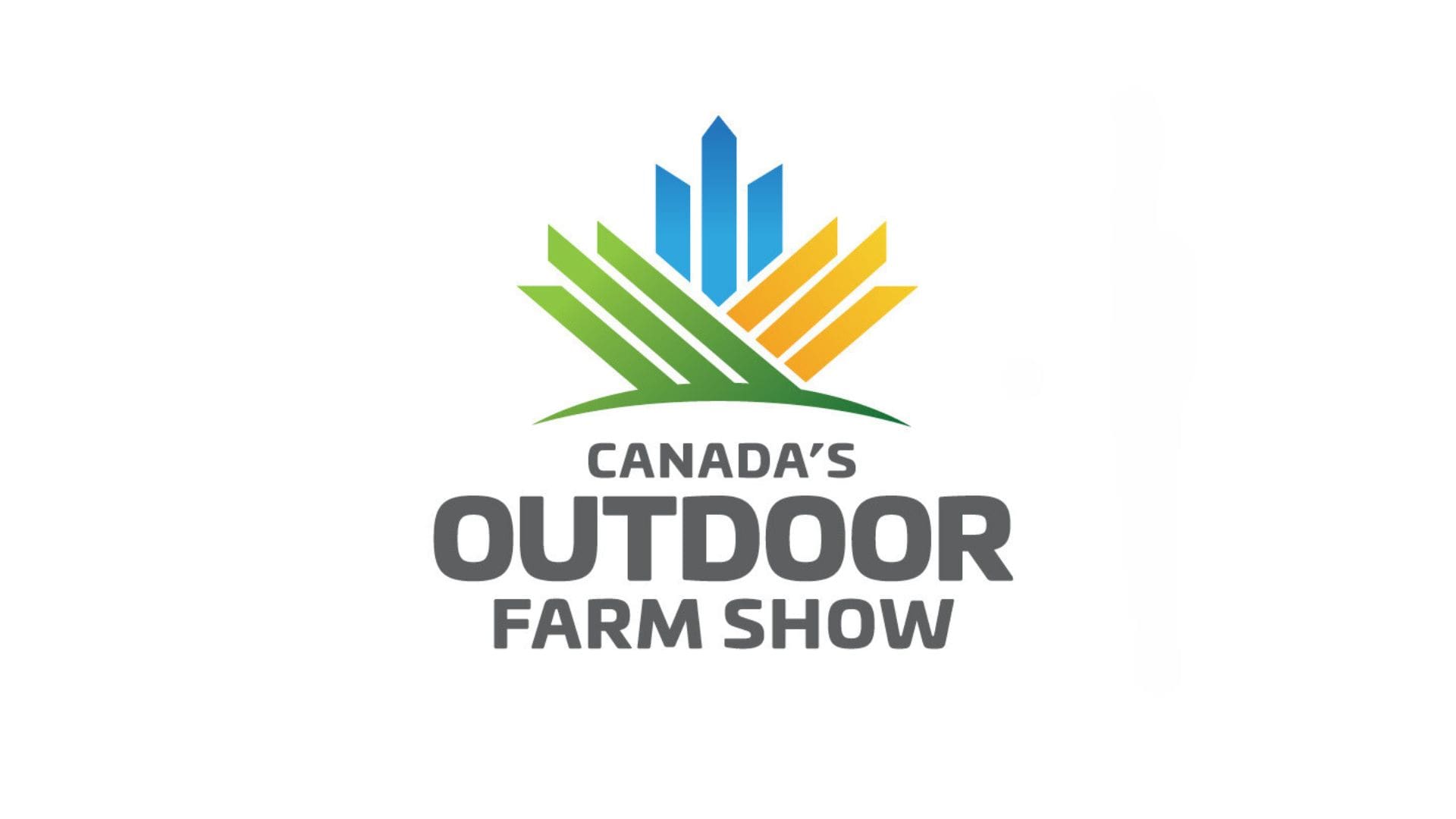 Canada's Outdoor Farm Show - stylized maple leaf in the colours green, blue, and yellow on top of a green hill